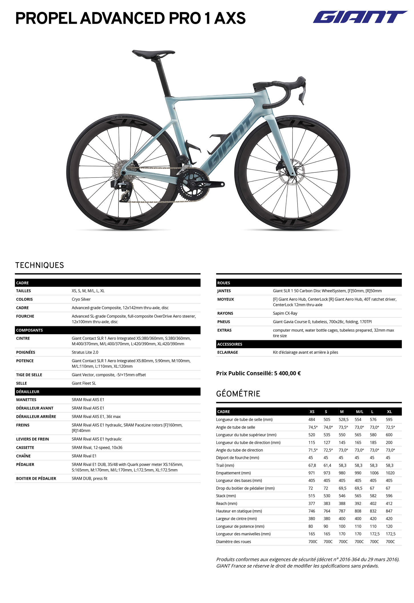 Fiche technique du velo Propel Advanced Pro 1 AXS année 2027